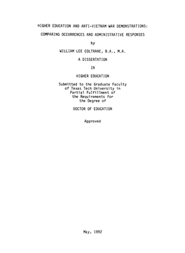 Higher Education and Anti-Vietnam War Demonstrations Comparing Occurrences and Administrative Responses