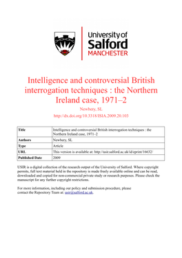 Intelligence and Controversial British Interrogation Techniques : the Northern Ireland Case, 1971–2 Newbery, SL