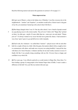 Read the Following Memoir and Answer the Questions in Sections A–D on Pages 2–3