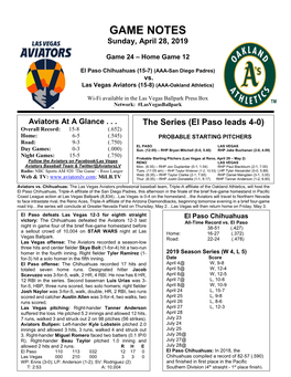 GAME NOTES Sunday, April 28, 2019