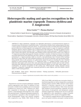 Heterospecific Mating and Species Recognition in the Planktonic Marine Copepods Temora Stylifera and T