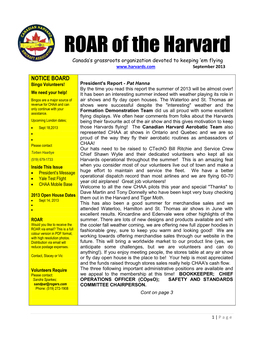 ROAR of the Harvard Canada’S Grassroots Organization Devoted to Keeping ‘Em Flying September 2013