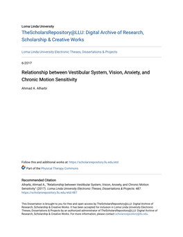 Relationship Between Vestibular System, Vision, Anxiety, and Chronic Motion Sensitivity