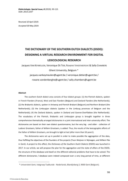 The Dictionary of the Southern Dutch Dialects (Dsdd): Designing a Virtual Research Environment for Digital Lexicological Research