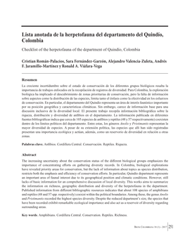 Lista Anotada De La Herpetofauna Del Departamento Del Quindío, Colombia Checklist of the Herpetofauna of the Department of Quindío, Colombia