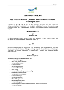 Verbandssatzung Des Zweckverbandes „Wasser- Und Abwasser-Verband Hildburghausen“ Vom 03.12.2002, Sowie Die 1