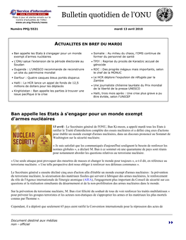 Bulletin Quotidien De L'onu Est Préparé Par La Section Des Services De L’Information Sur Internet Du Département De L’Information De L’ONU