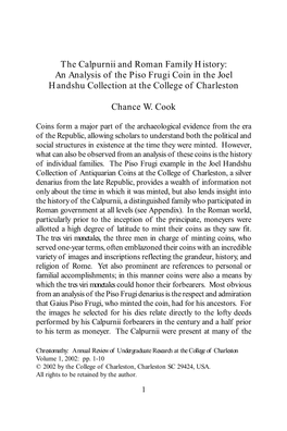 The Calpurnii and Roman Family History: an Analysis of the Piso Frugi Coin in the Joel Handshu Collection at the College of Charleston