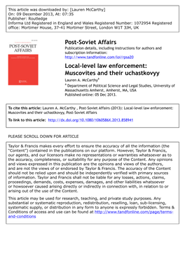Local-Level Law Enforcement: Muscovites and Their Uchastkovyy Lauren A