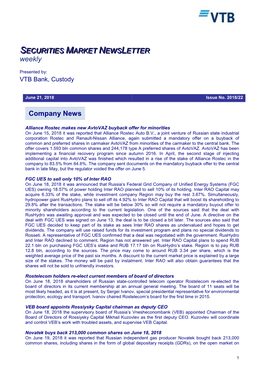 Company News SECURITIES MARKET NEWS LETTER Weekly