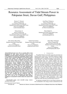 Resource Assessment of Tidal Stream Power in Pakiputan Strait, Davao Gulf, Philippines