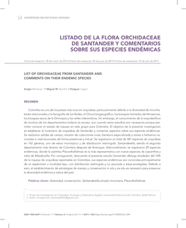 Listado De La Flora Orchidaceae De Santander Y Comentarios Sobre Sus Especies Endémicas