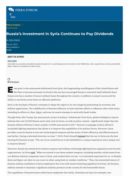 Russia's Investment in Syria Continues to Pay Dividends | The