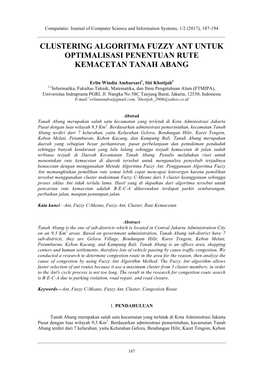 Clustering Algoritma Fuzzy Ant Untuk Optimalisasi Penentuan Rute Kemacetan Tanah Abang