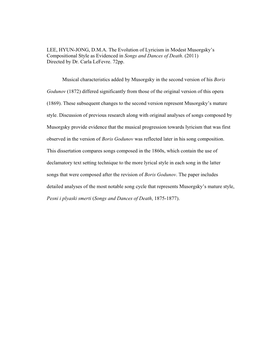 LEE, HYUN-JONG, D.M.A. the Evolution of Lyricism in Modest Musorgsky’S Compositional Style As Evidenced in Songs and Dances of Death