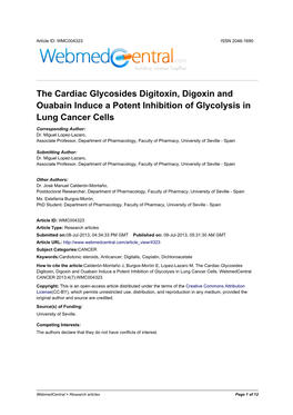 The Cardiac Glycosides Digitoxin, Digoxin and Ouabain Induce a Potent Inhibition of Glycolysis in Lung Cancer Cells