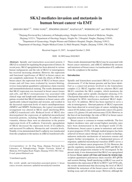 SKA2 Mediates Invasion and Metastasis in Human Breast Cancer Via EMT