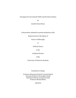 Surrogates for Government? Ngos and the State in Kenya by Jennifer Naomi Brass a Dissertation S