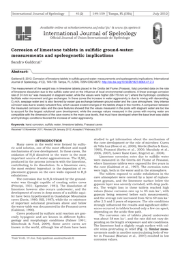 Corrosion of Limestone Tablets in Sulfidic Ground-Water: Measurements and Speleogenetic Implications Sandro Galdenzi1