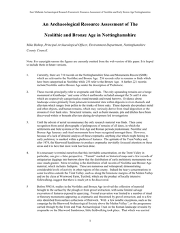 East Midlands Archaeological Research Framework: Resource Assessment of Neolithic and Early Bronze Age Nottinghamshire