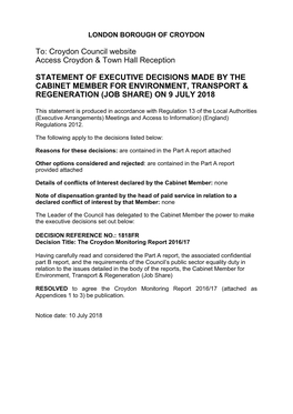 Notice of Executive Decisions Made by the Cabinet Member For