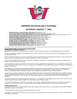 Winnipeg Goldeyes Daily Clippings Saturday, August