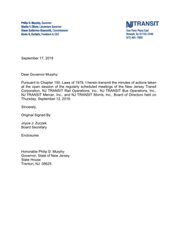 September 17, 2019 Dear Governor Murphy: Pursuant to Chapter 150, Laws of 1979, I Herein Transmit the Minutes of Actions Taken A