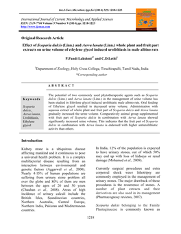 And Aerva Lanata (Linn.) Whole Plant and Fruit Part Extracts on Urine Volume of Ethylene Glycol Induced Urolithiasis in Male Albino Rats