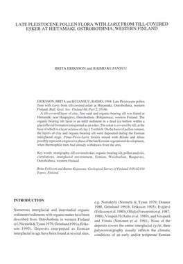 Late Pleistocene Pollen Flora with Larix from Till-Covered Esker at Hietamäki, Ostrobothnia, Western Finland