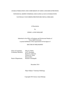 Characterization and Comparison of Urine and Serum Proteins with Renal Biopsy Findings and Clinical Data in Dogs with Naturally