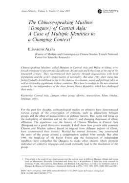 (Dungans) of Central Asia: a Case of Multiple Identities in a Changing Context1
