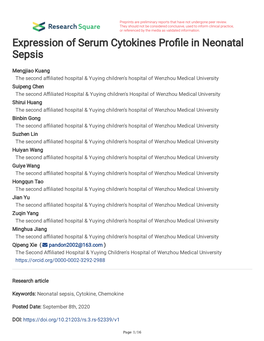 Expression of Serum Cytokines Pro Le in Neonatal Sepsis