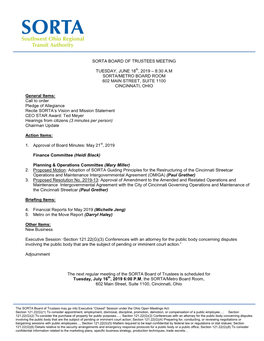 SORTA BOARD of TRUSTEES MEETING TUESDAY, JUNE 18Th