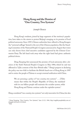 Hong Kong and the Demise of “One Country, Two Systems”