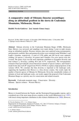 A Comparative Study of Odonata (Insecta) Assemblages Along an Altitudinal Gradient in the Sierra De Coalcoma´N Mountains, Michoaca´N, Mexico