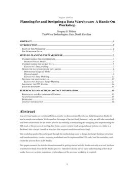 Planning for and Designing a Data Warehouse: a Hands-On Workshop
