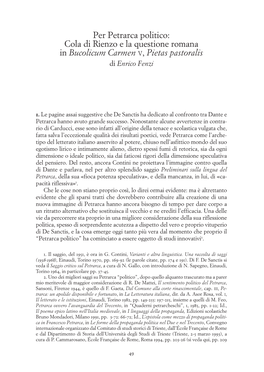 Per Petrarca Politico: Cola Di Rienzo E La Questione Romana in Bucolicum Carmen V, Pietas Pastoralis Di Enrico Fenzi