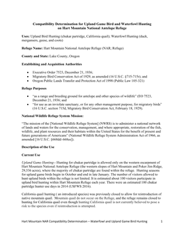 Compatibility Determination for Upland Game Bird and Waterfowl Hunting on Hart Mountain National Antelope Refuge