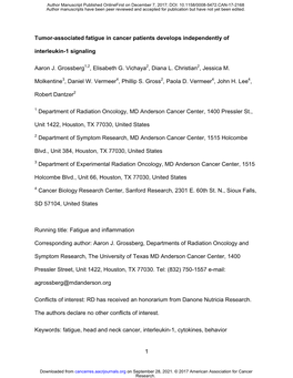 Tumor-Associated Fatigue in Cancer Patients Develops Independently of Interleukin-1 Signaling