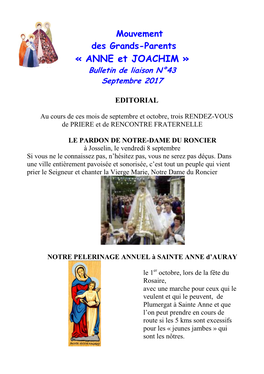 « ANNE Et JOACHIM » Bulletin De Liaison N°43 Septembre 2017