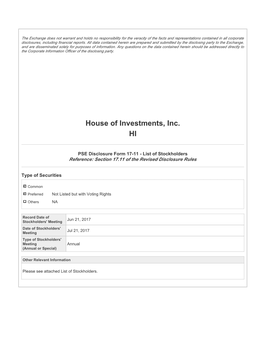 House of Investments, Inc. HI