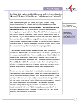 The World Bank Implements Global Economic Analysis Solution Based on Microsoft SQL Server 2000 and Knosys Proclarity Analytical Platform 3.0