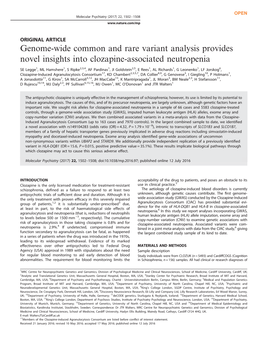 Genome-Wide Common and Rare Variant Analysis Provides Novel Insights Into Clozapine-Associated Neutropenia