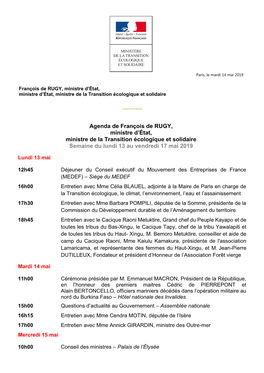 Agenda De François De RUGY, Ministre D'état, Ministre De La