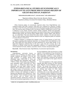 Ethno-Botanical Studies of Economically Important Plants from Mountainous Region of Gilgit-Baltistan, Pakistan