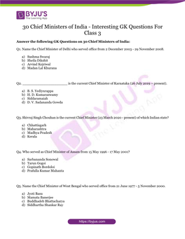 30 Chief Ministers of India - Interesting GK Questions for Class 3