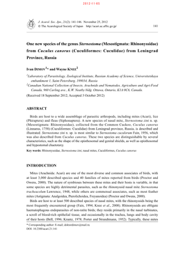 (Mesostigmata: Rhinonyssidae) from Cuculus Canorus (Cuculiformes: Cuculidae) from Leningrad Province, Russia