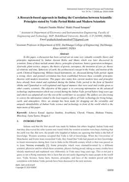 A Research-Based Approach in Finding the Correlation Between Scientific Principles Stated by Vedic Period Rishis and Modern Scientists