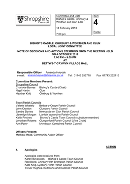 Committee and Date Bishop's Castle, Chirbury & Worthen and Clun LJC