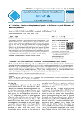 A Preliminary Study on Zooplankton Species in Different Aquatic Habitats of Anatolia (Turkey)